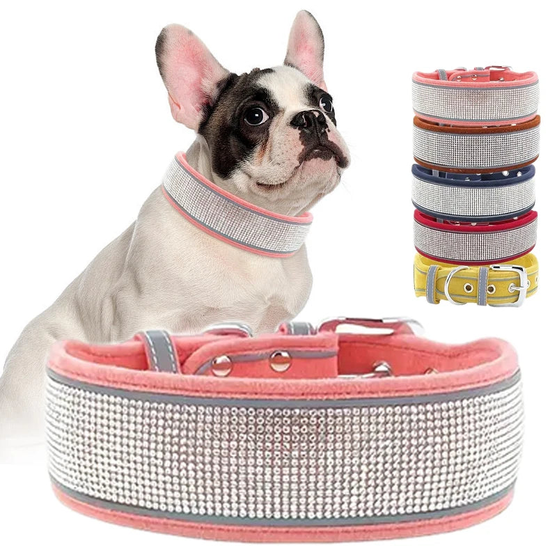 Elegant Justerbart Hundhalsband i Mockaimitation med Gnistrande Dekoration och Reflex