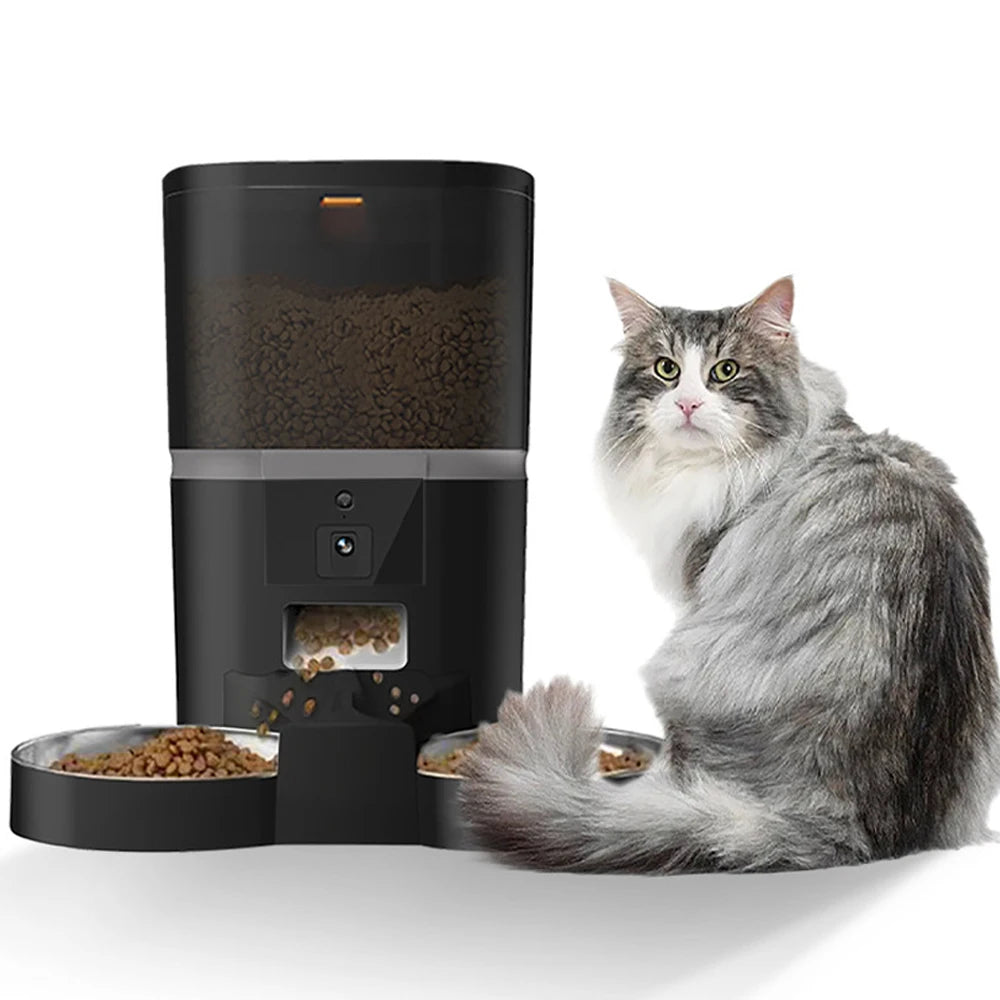 Smart Automatisk Foderautomat 4L för Katt & Liten Hund – Kamera, Röstinspelning & Dubbel Skål