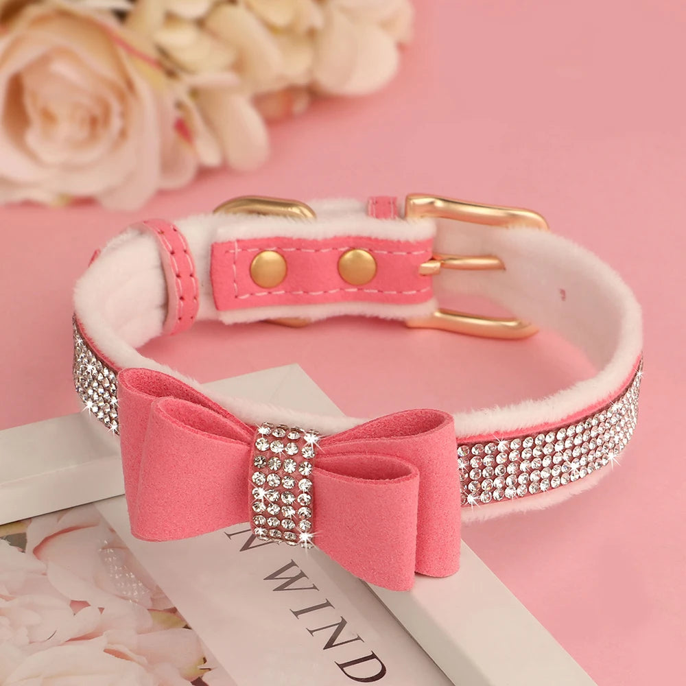 Glittrigt Halsband med Strass och Rosett för Små Hundar och Katter