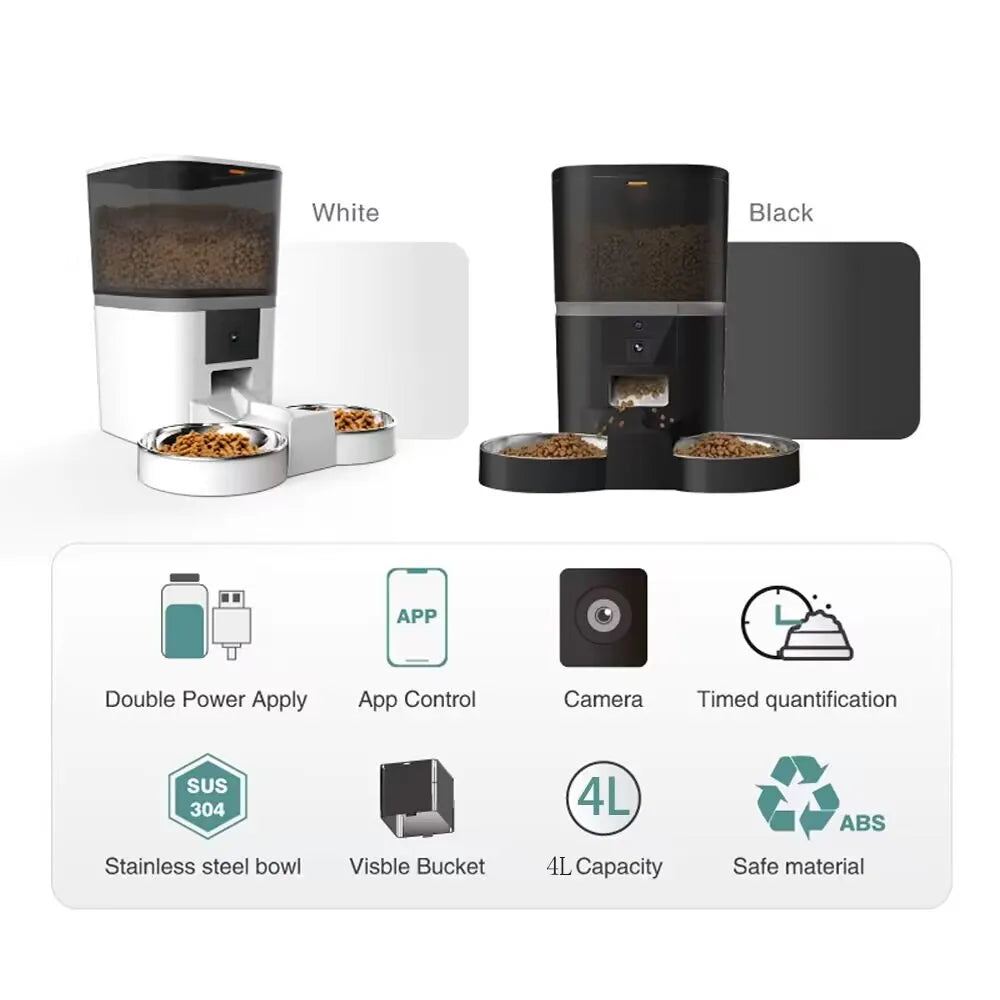 Smart Automatisk Foderautomat 4L för Katt & Liten Hund – Kamera, Röstinspelning & Dubbel Skål