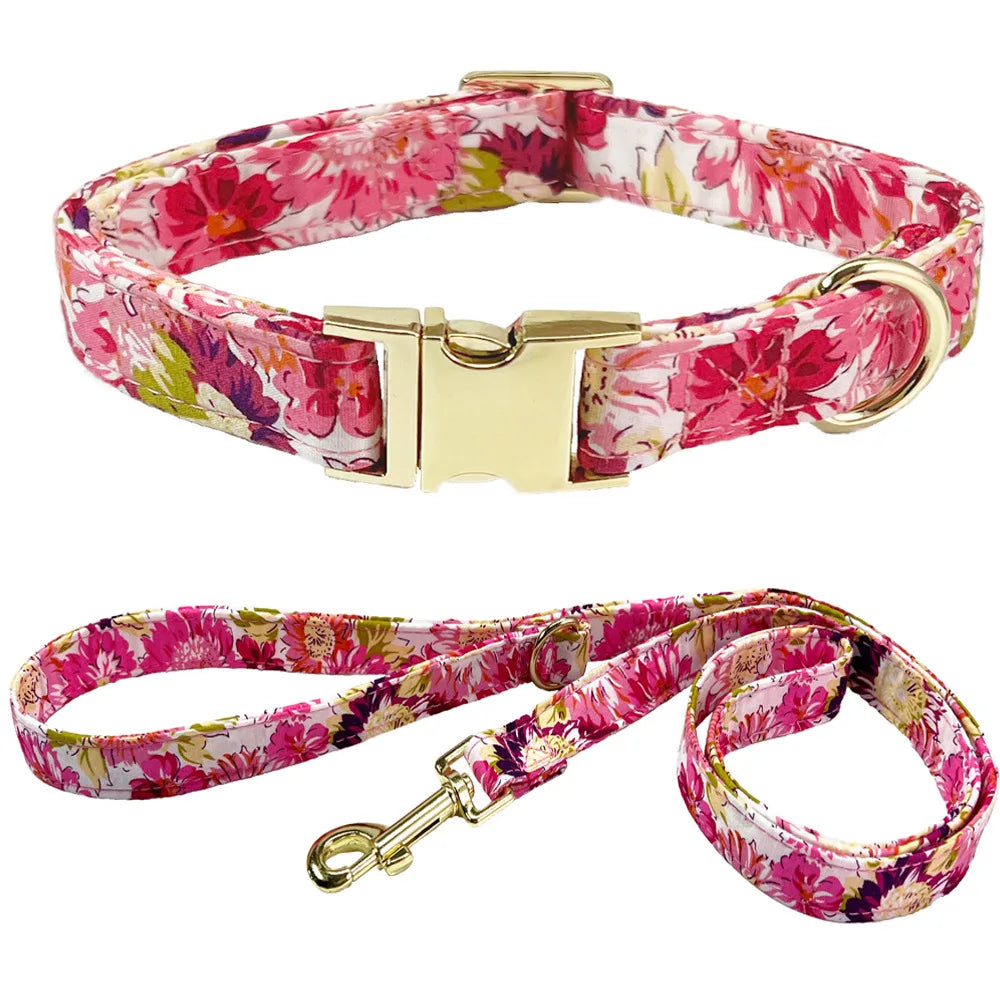 Exklusivt Blommigt Halsbandsset med Rosett & Koppel för Hund