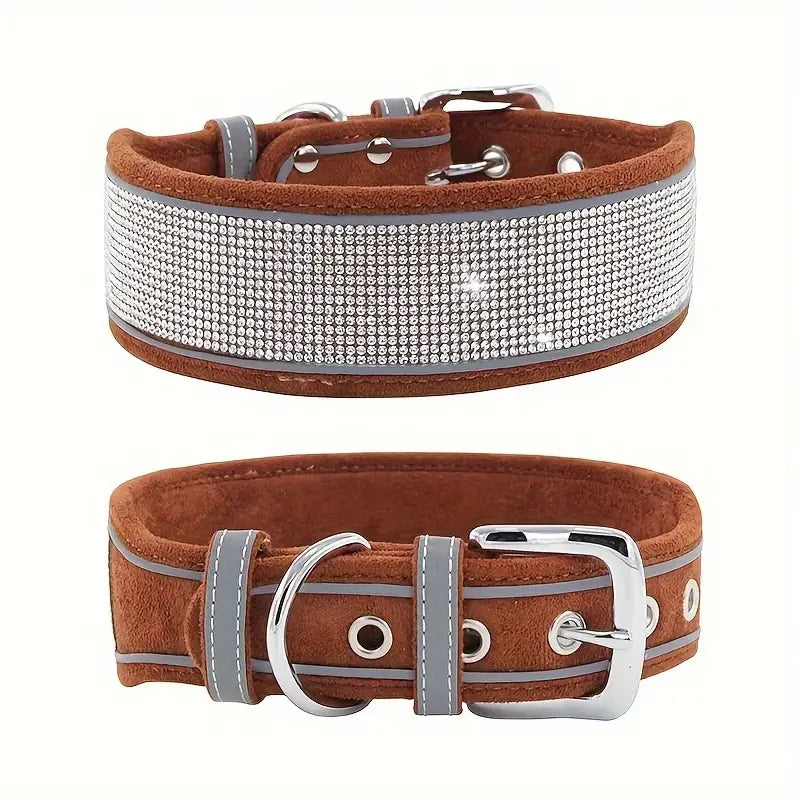 Elegant Justerbart Hundhalsband i Mockaimitation med Gnistrande Dekoration och Reflex