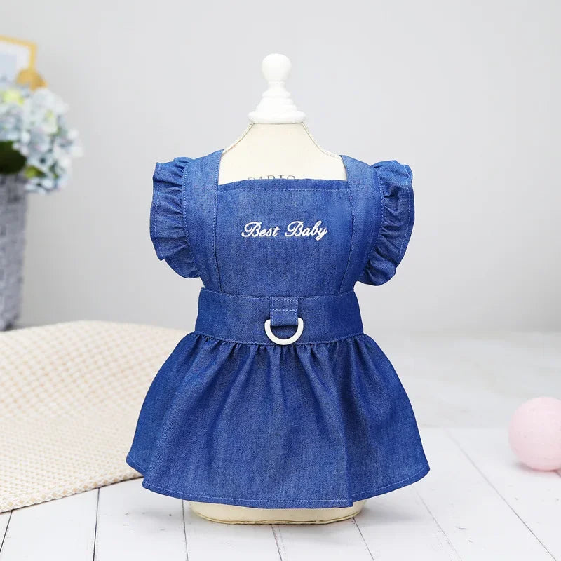 Hundklänning i Denim för Små Hundar & Katter – Broderad Sommarklänning