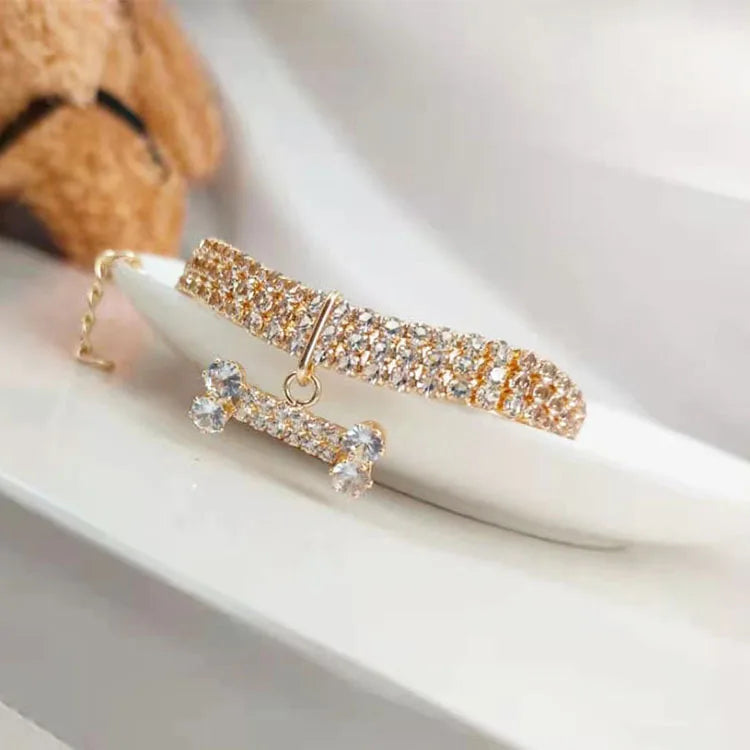 Lyxigt Halsband med Strass & Benberlock – Justerbart för Små Hundar & Katter