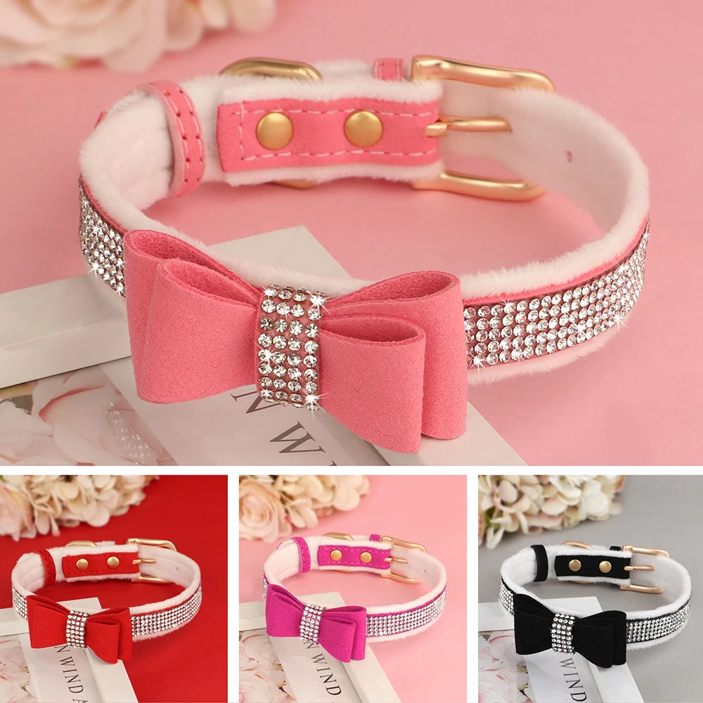 Glittrigt Halsband med Strass och Rosett för Små Hundar och Katter