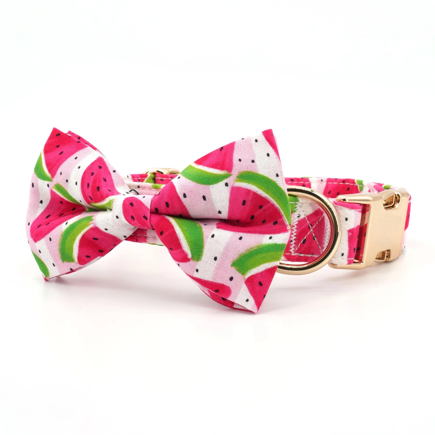 handgjort hundhalsband med rosett och matchande koppel i vattenmelonmönster