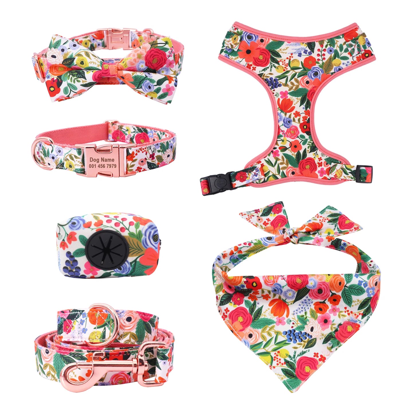 komplett handgjort hundset med sele halsband koppel bandana och blomrosett