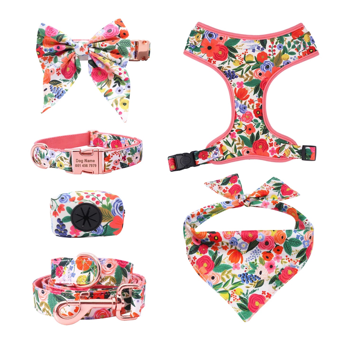 komplett handgjort hundset med sele halsband koppel bandana och blomrosett