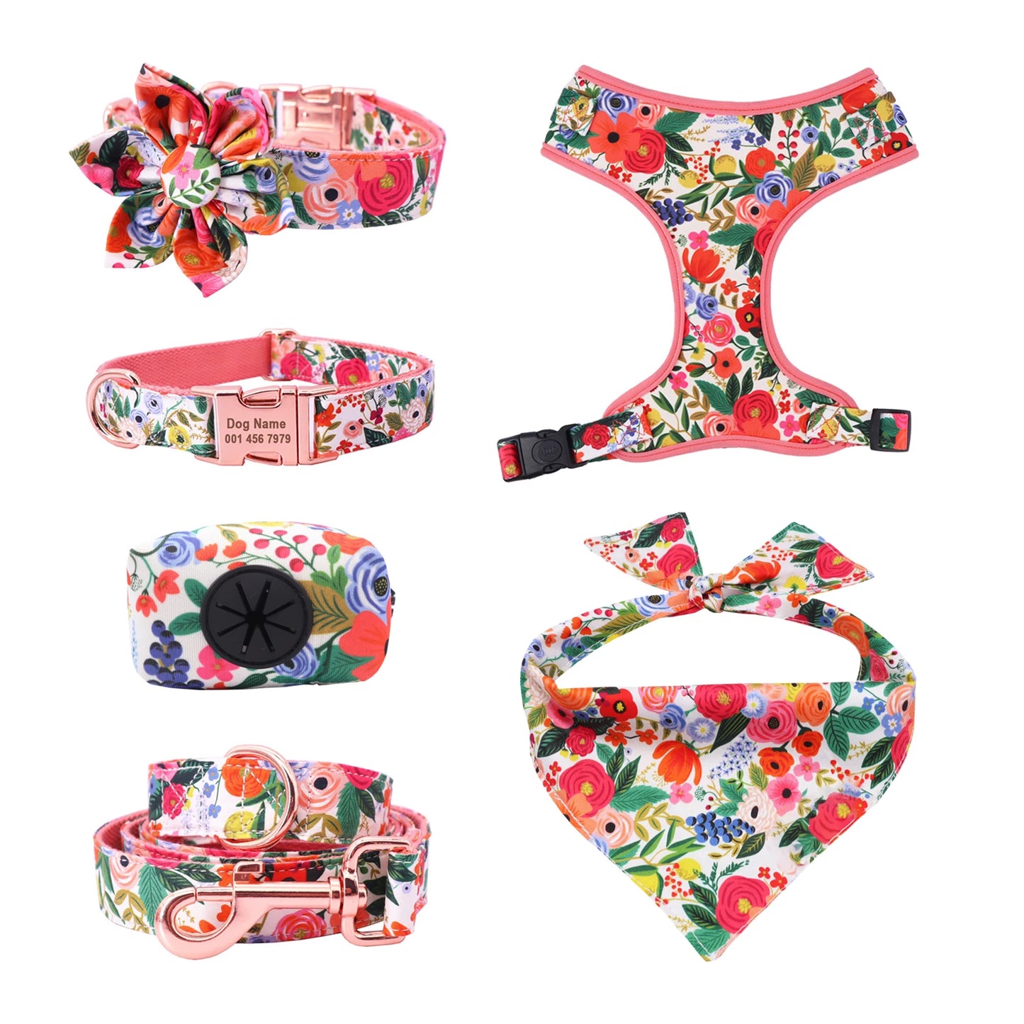komplett handgjort hundset med sele halsband koppel bandana och blomrosett