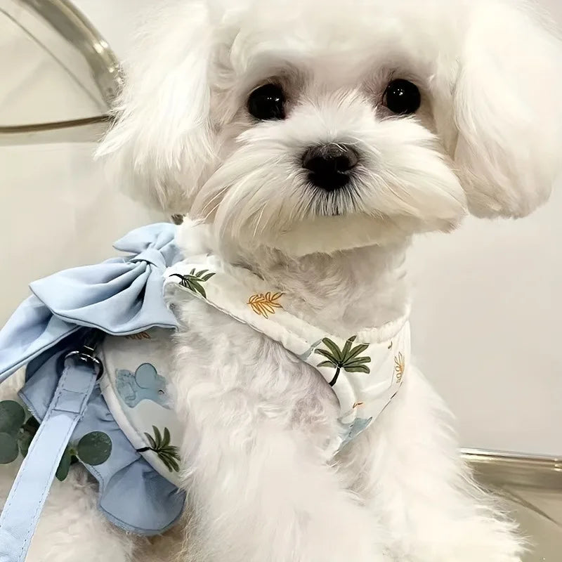 justerbart sele och koppel i blommigt mönster med rosett för hund och katt