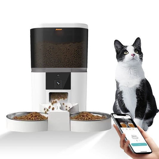 Smart automatisk foderautomat för katt och liten hund med kamera, röstinspelning och dubbla skålar